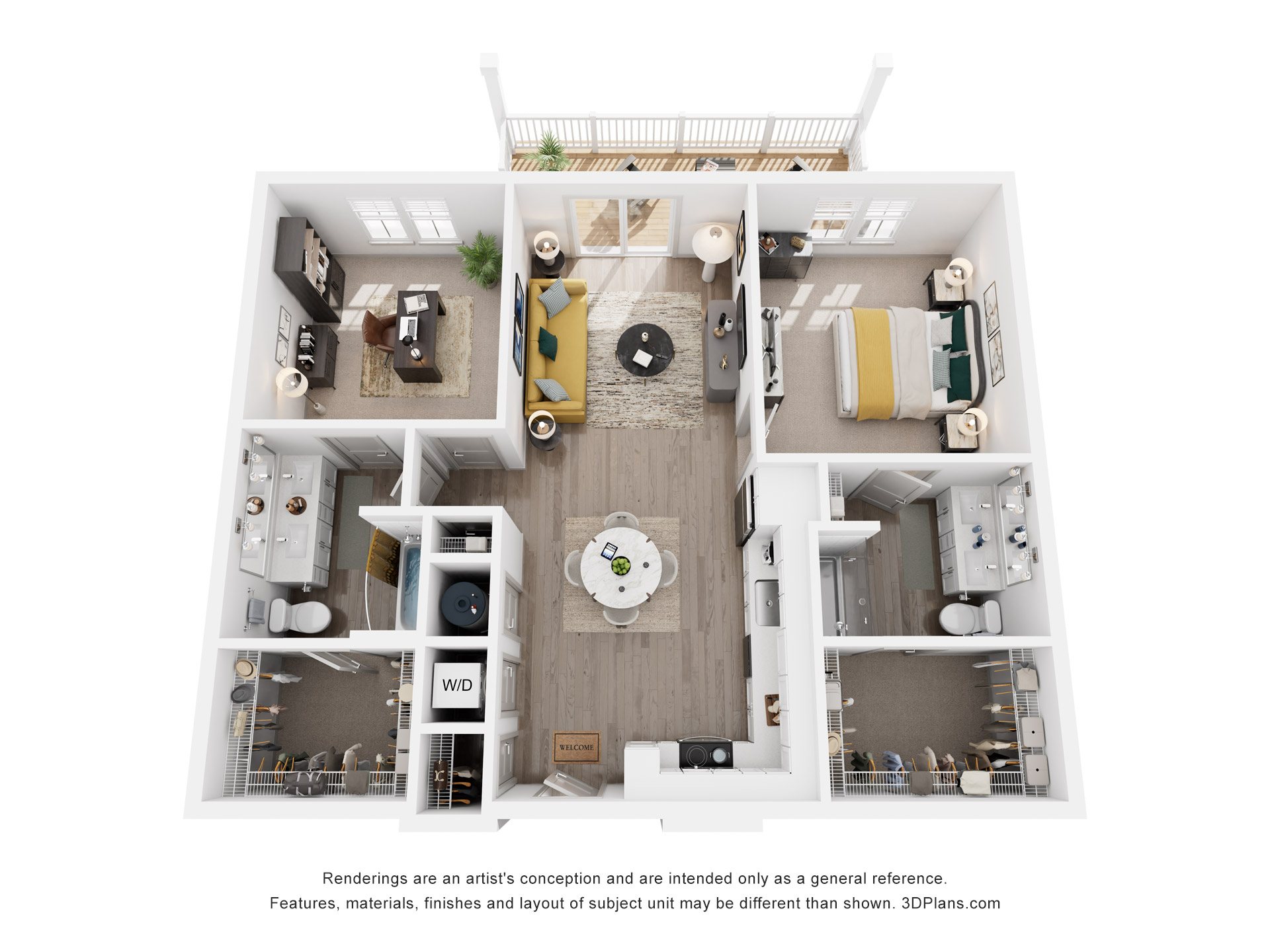 Floor plan for 2 beds, 2 baths, 1142 sqft